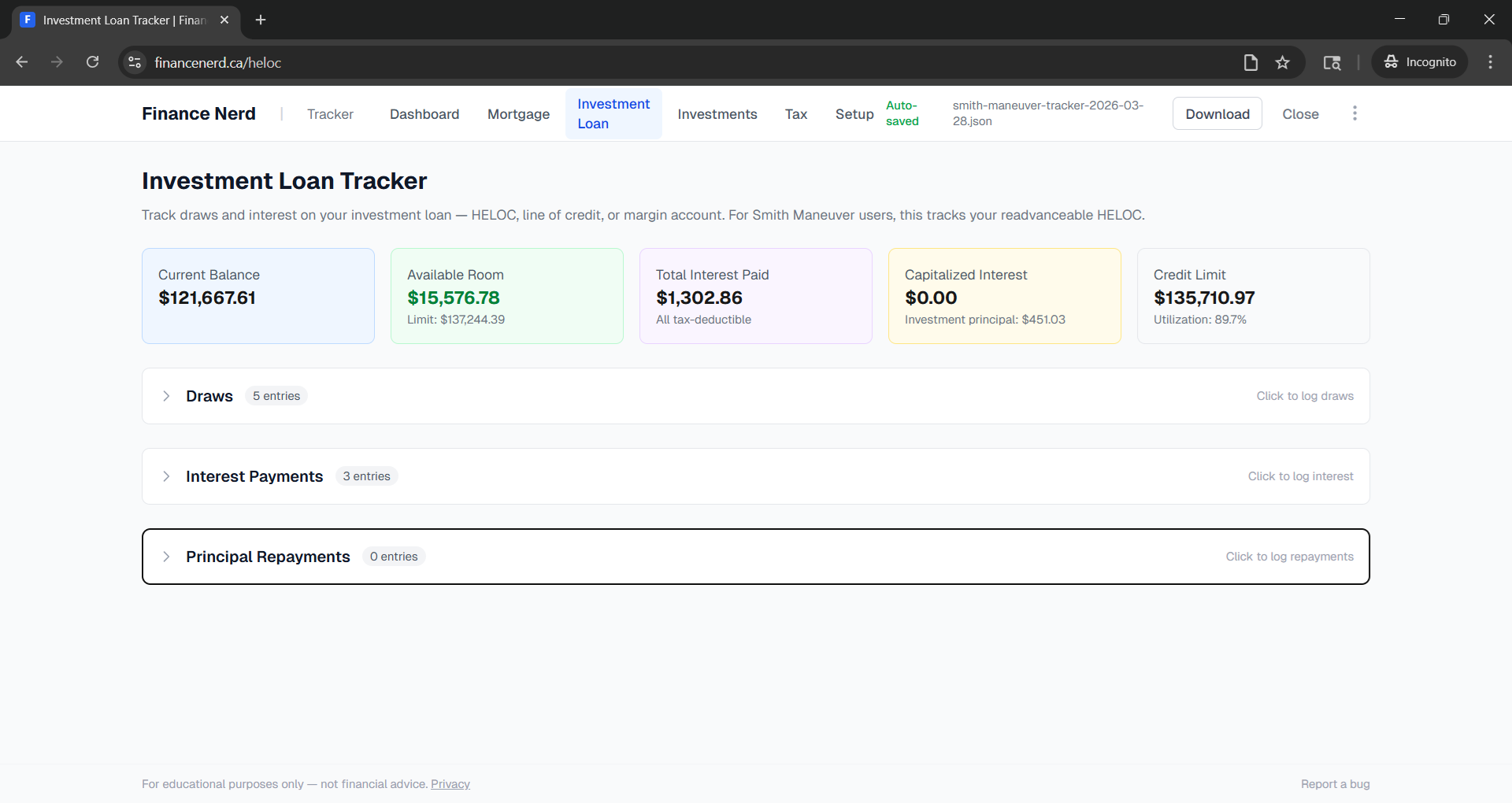 HELOC tracker showing balance, available room, and draw history