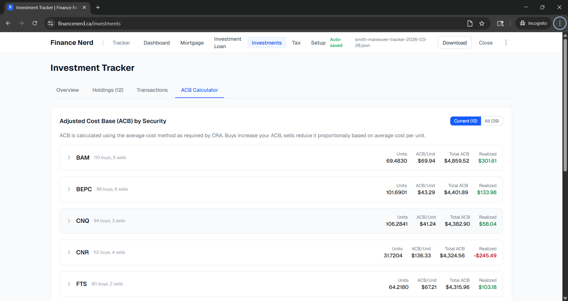 ACB records showing collapsed headers and one expanded section with transaction details