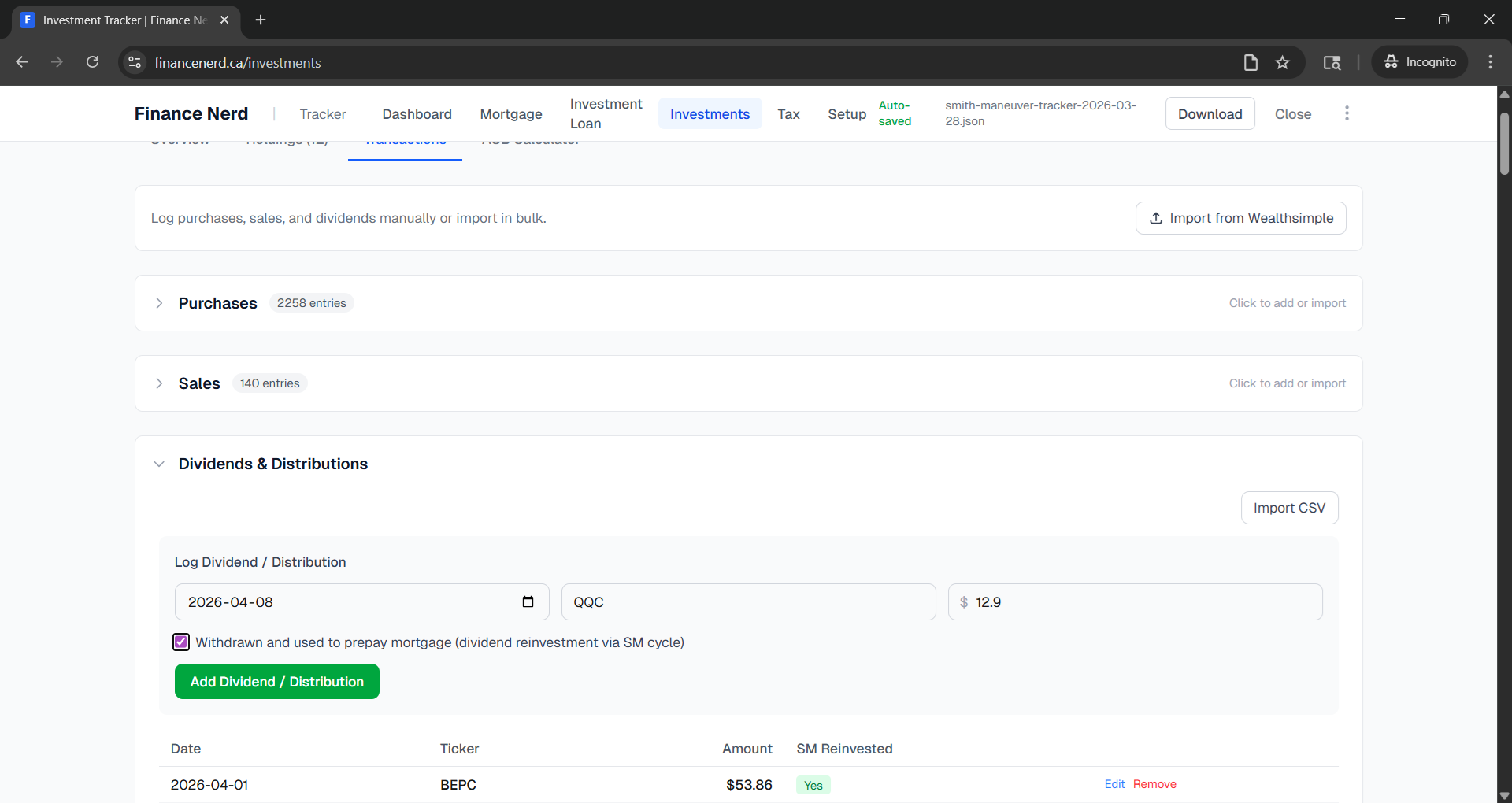 Dividend form with ticker, amount, and reinvestment checkbox