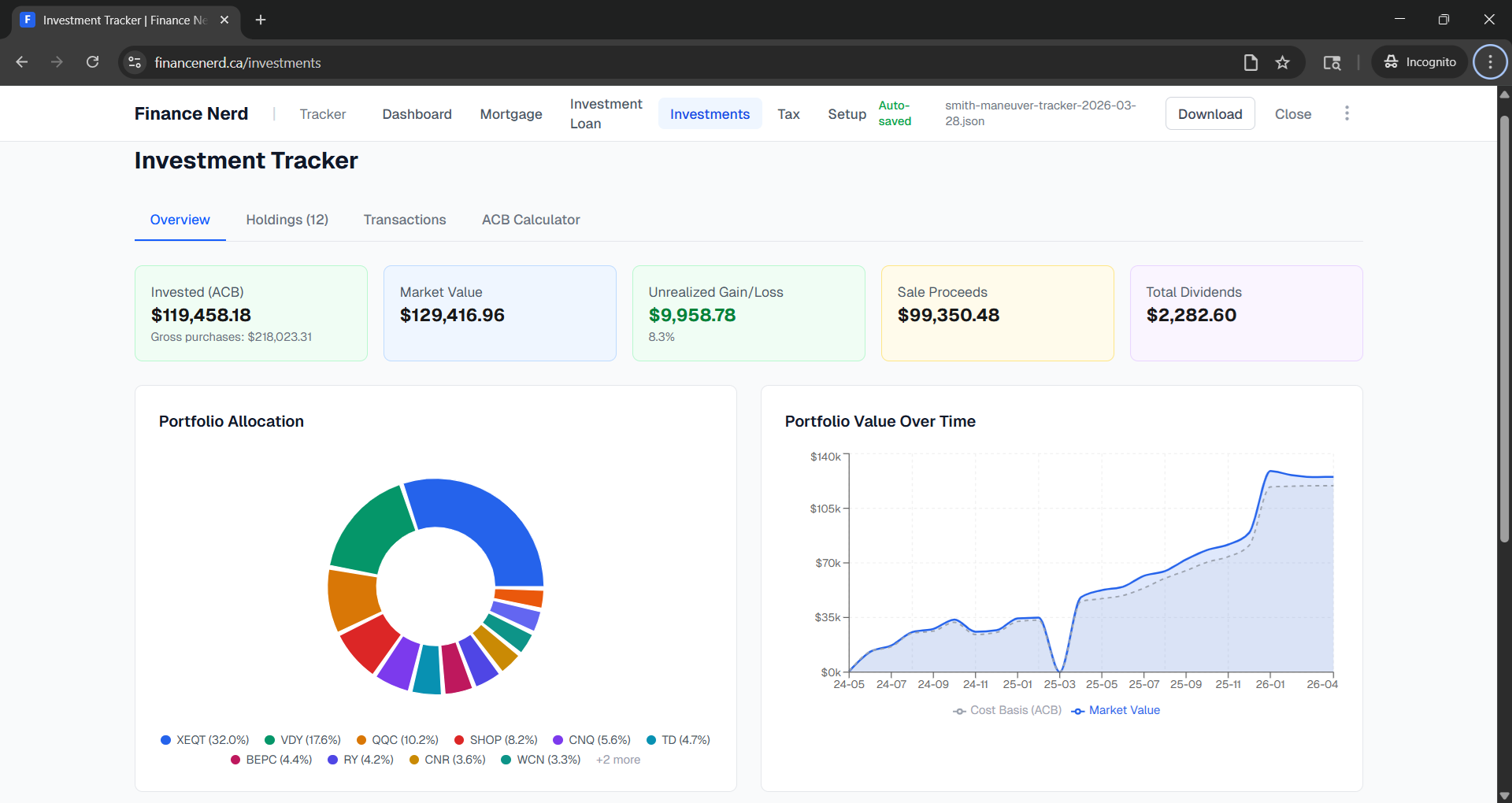 Investment tracker showing portfolio summary cards and holdings table