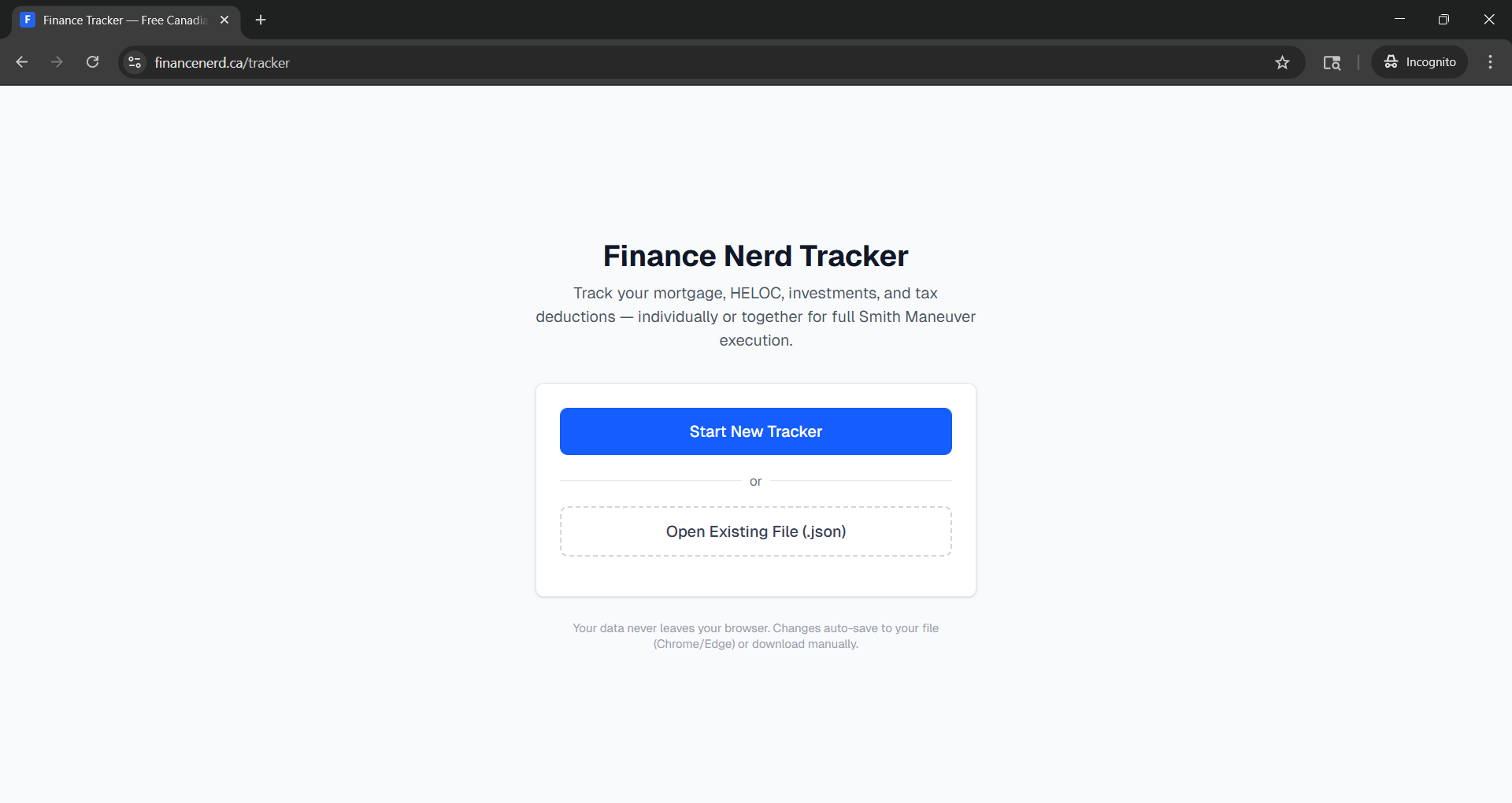 Landing page showing Start New Tracker and Open Existing File options