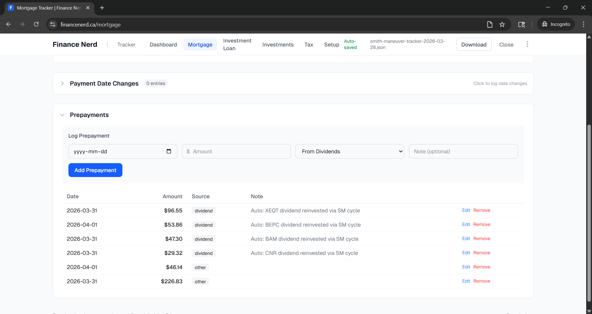 Prepayment form with date, amount, and source fields