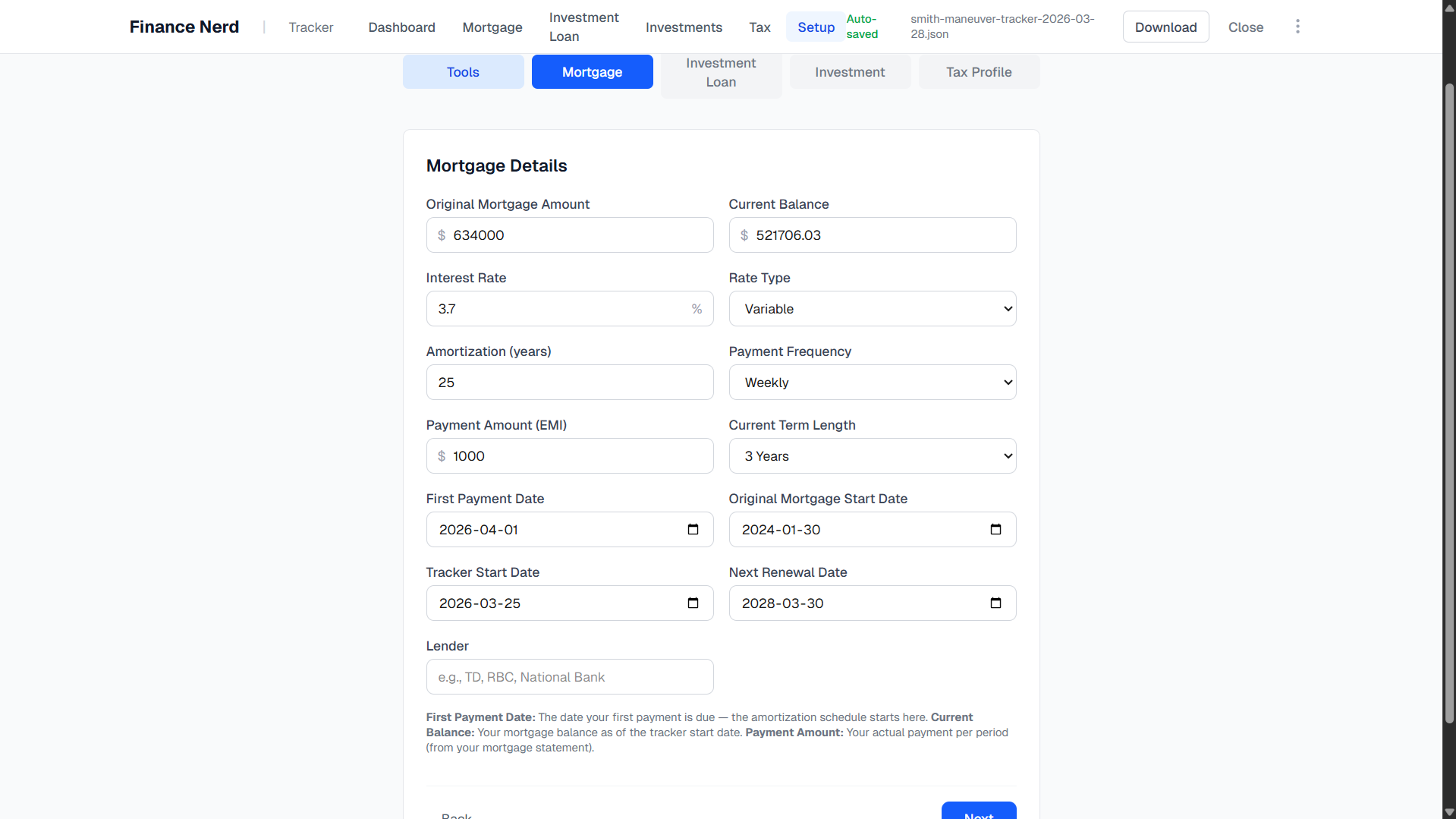 Mortgage setup form with fields for amount, rate, amortization, and payment frequency
