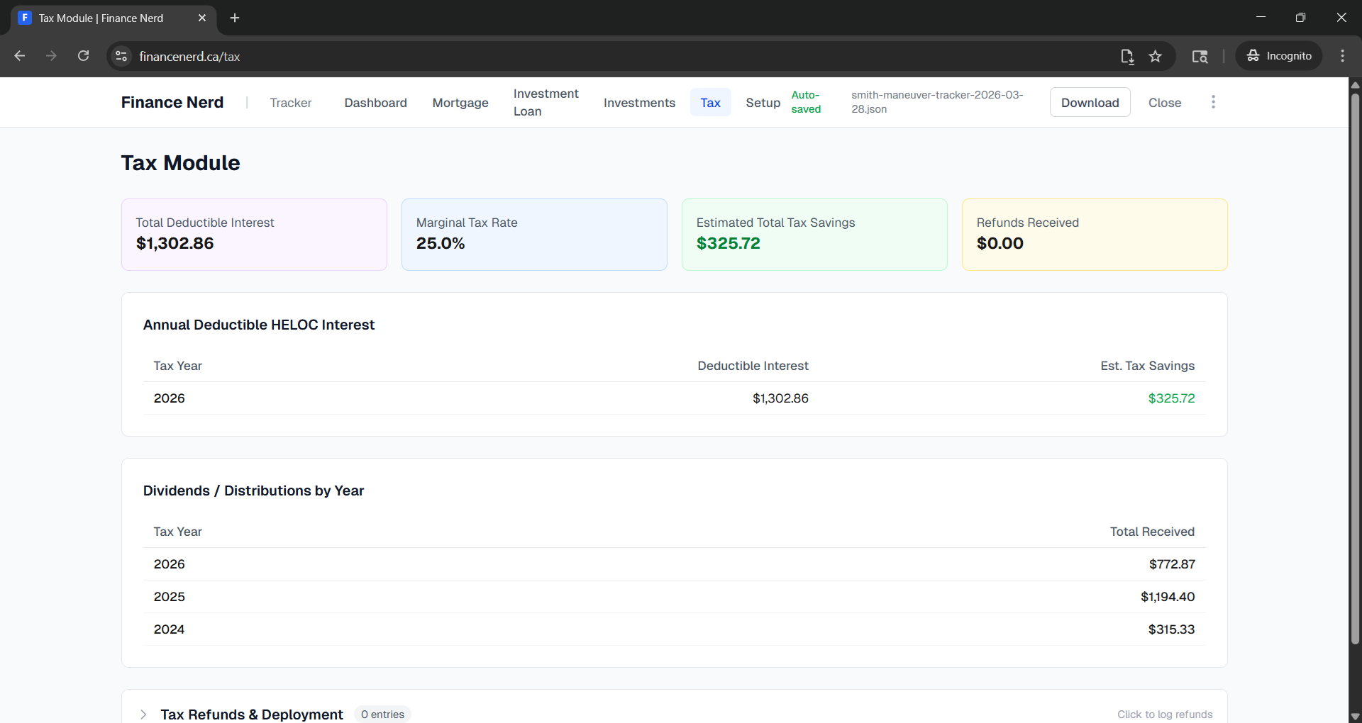 Tax module showing deductible interest, marginal rate, estimated savings, and refunds