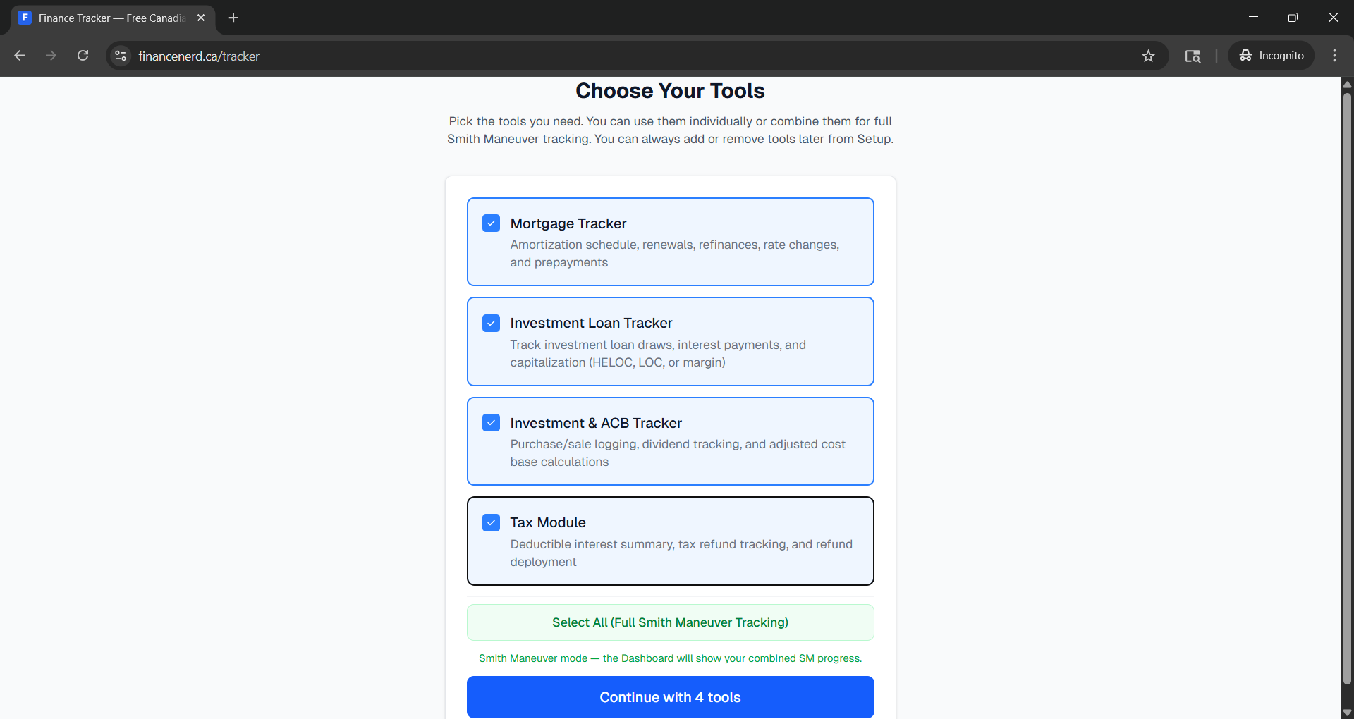 Tool selection screen showing four checkboxes for Mortgage, Investment Loan, Investments, and Tax