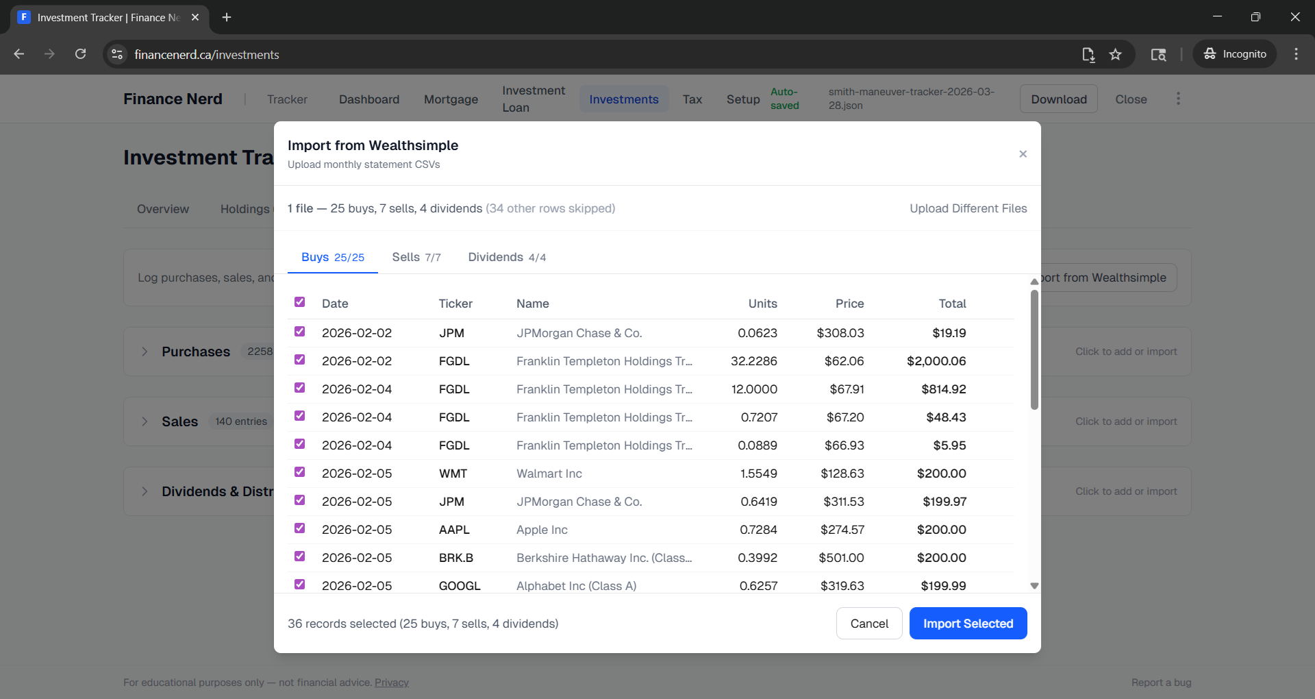 Wealthsimple import modal showing parsed transactions with tabs for Buys, Sells, and Dividends